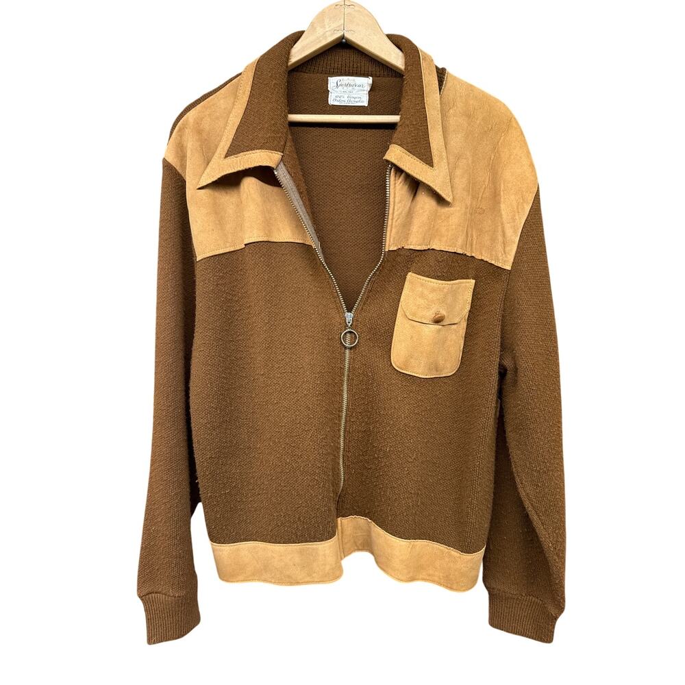 Sportswear Vintage 1970s Men's Zip Up Knit Jacket Breast Pocket XL Brown Retro